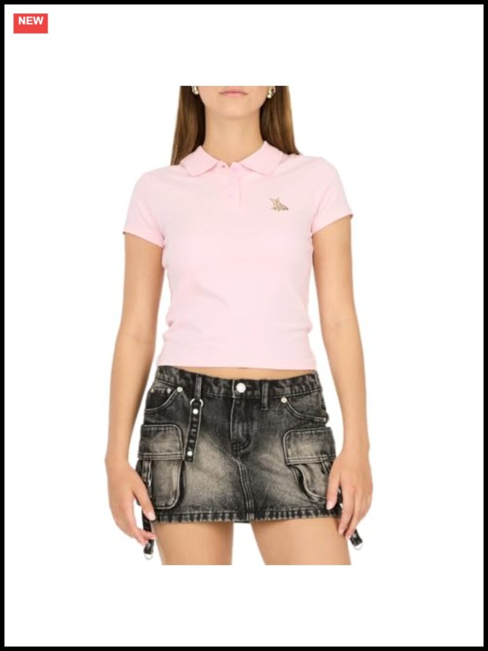 Women's Cropped Polo Shirt with Embroidery Button Placket Cotton Spandex